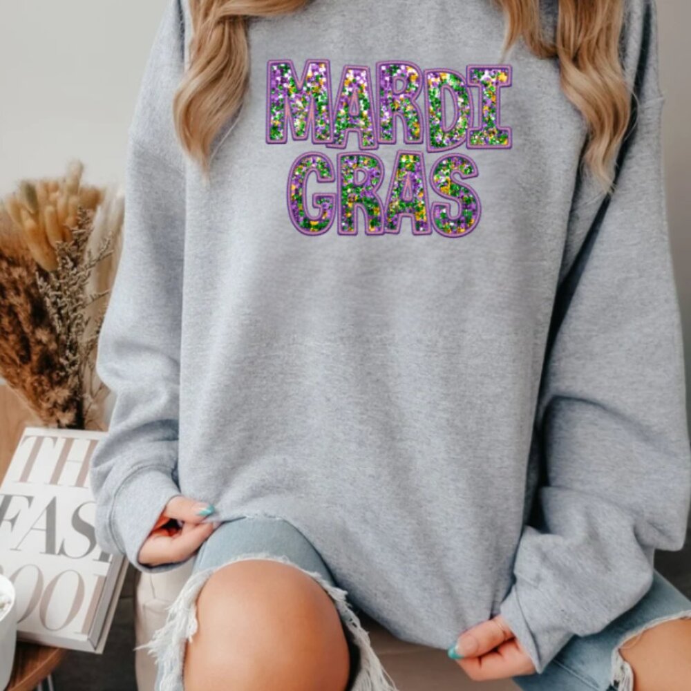 Mardi Gras (Faux/ Sequin/ Embroidered) Sweatshirt (Gray/New)